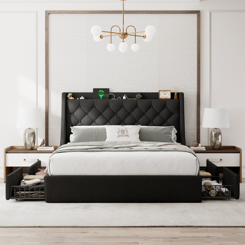  Cadre de grand lit avec 4 tiroirs de rangement, cadre de lit plateforme tapissier avec ports USB Type-C et USB, tête de lit à oreilles avec rangement, noir
