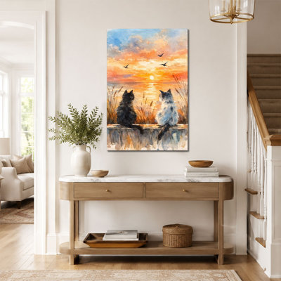 Cats Watching Ocean Sunset Watercolor Canvas Wall Art