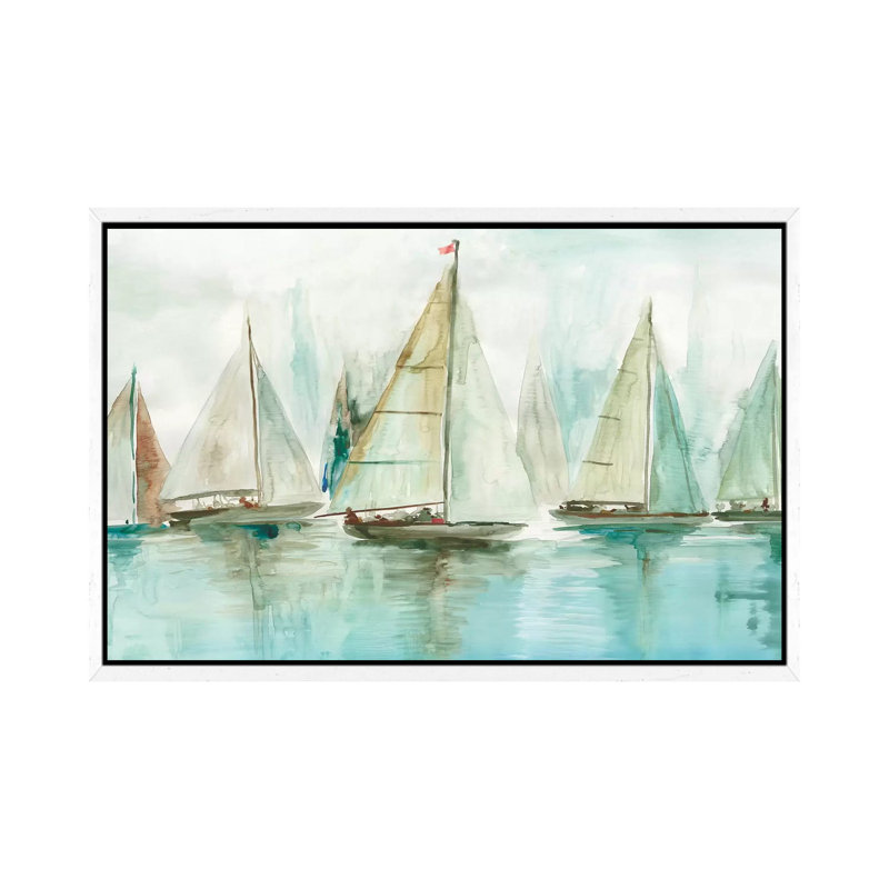 Blue Sailboats I by Allison Pearce - Painting on Canvas, 152.5 cm H x 101.5 cm W, White Framed Canvas