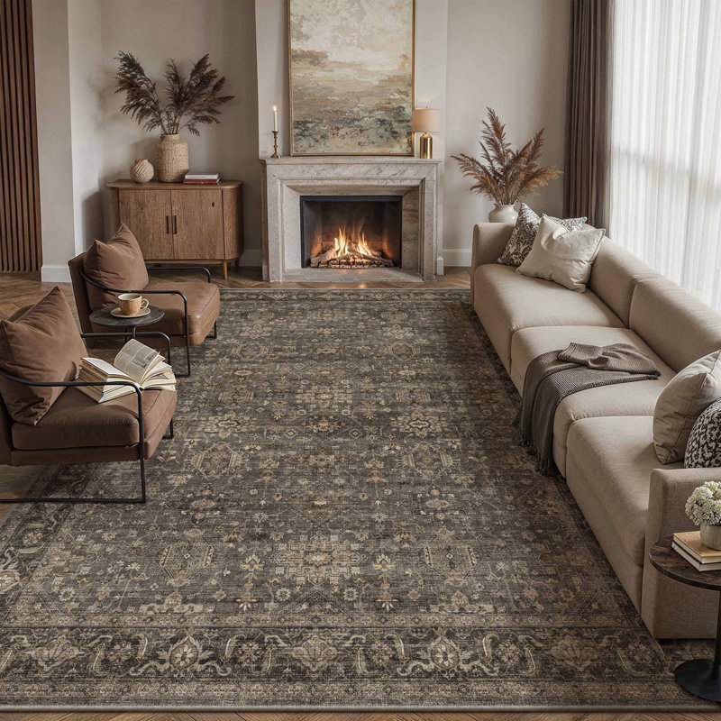 Avella Vintage Oriental Machine Washable Area Rugs With Non-Slip Backing, Rectangle 8' x 10', Brown