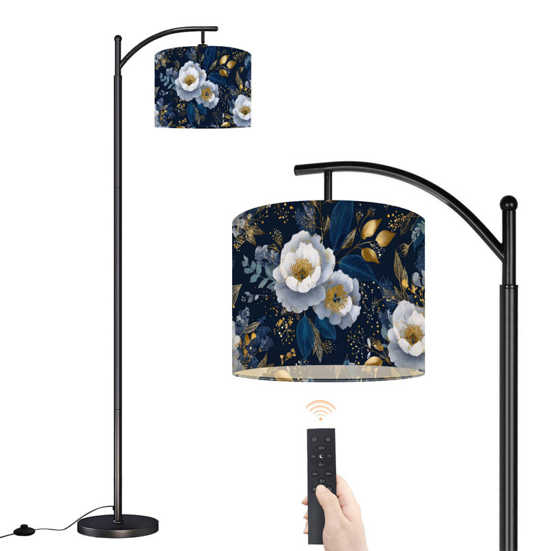 Lampe sur pied à arc avec abat-jour réglable pivoines bleu marine élégantes Lampe sur pied à accents floraux dorés et blancs 3 températures de couleur à haut gradateur avec interrupteur au pied pour la chambre à coucher