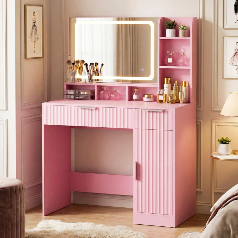 Makeup Vanity Desk With Lighted Mirror And Power Strip, Modern Fluted Vanity Table With 3-Color Touch Dimming, Hair Dryer Holder, Storage Cabinet & Drawers For Bedroom, Pink