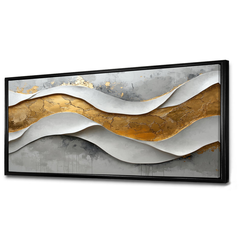 Ognen, bosquet abstrait d'introspection en or et blanc II - Vagues modernes abstraites, art mural, Noir, H 28 po x l 60 po