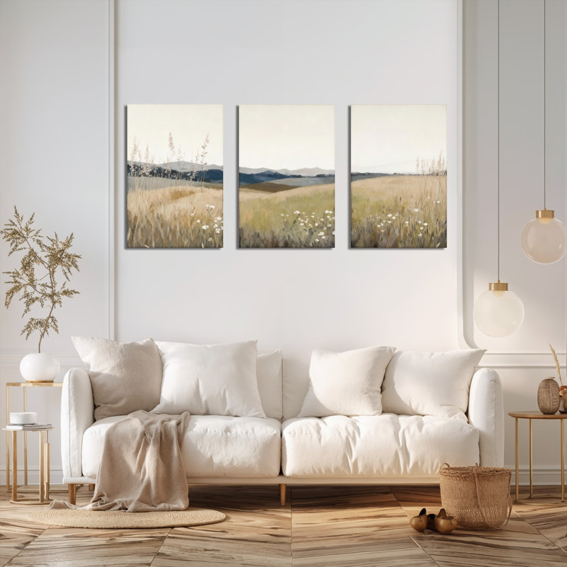 Tableau mural sur toile tendue, motif floral champ doré, paysage (ensemble de 3), H 18 po x l 36 po