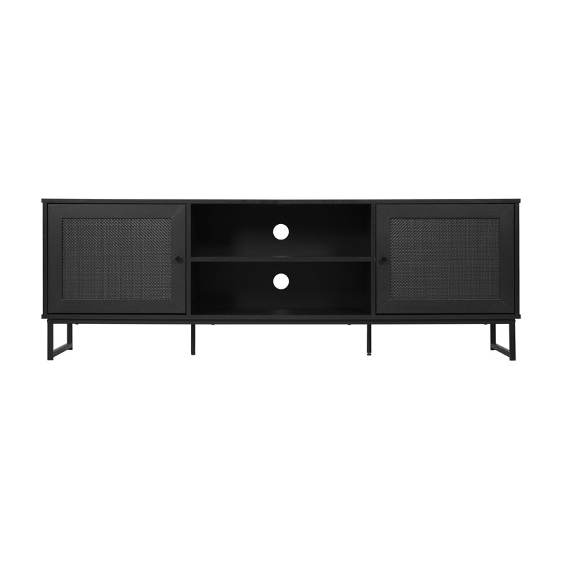 Mid-Century Modern 65 Inch TV Stand with 2 Rattan Soft Close Doors and Fixed Center Shelf, Black