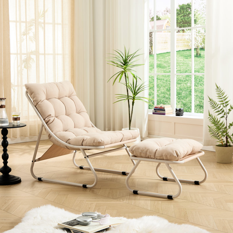 Fauteuil inclinable de patio avec assise en toile et coussin moelleux, idéal pour une salle de lecture, structure beige robuste, coussin doux, couleurs variées, capacité de charge : 136 kg