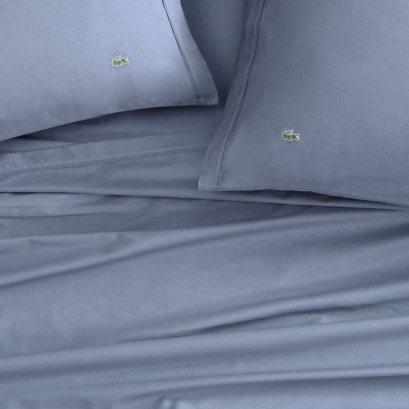 Lacoste Cotton Percale Sheet Set, Cooling & Breathable Bedding, Deep Pocket Fitted Sheet, Vintage Indigo, Queen