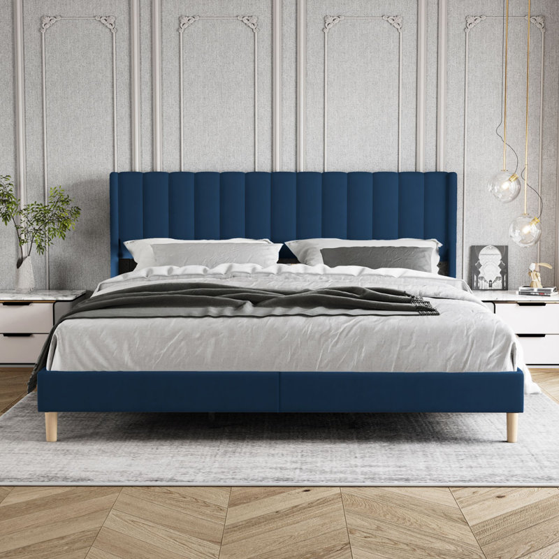 Upholstered Wingback Bed, King, Blue
