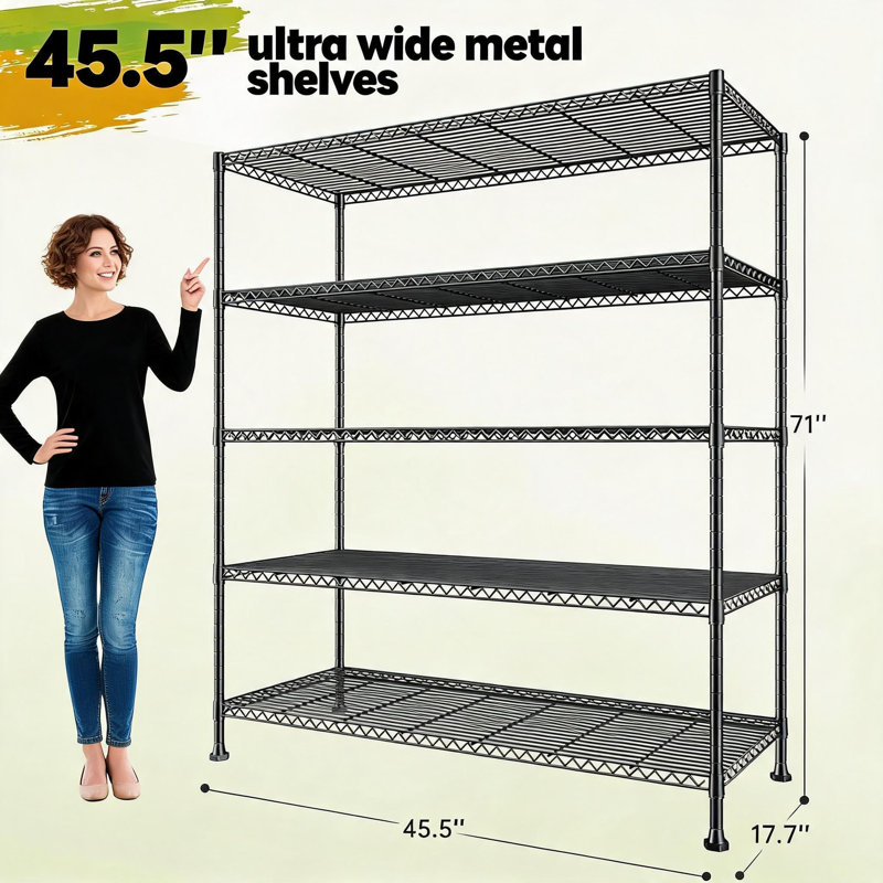 Étagère grillagée réglable à 5 niveaux, support de rangement autoportant en métal robuste, organisateur enduit d'époxy résistant à la rouille, l 47,2 po x P 17,7 po x H 71 po pour la cuisine, le garde-manger, le garage, la buanderie et l'entrepôt