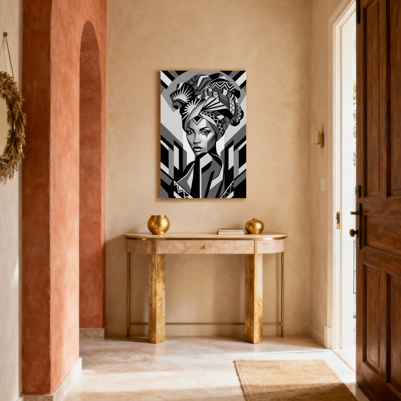 Tableau géométrique représentant une femme africaine coiffée d'un foulard, sur toile tendue (lot de 1)., H 30 po x l 20 po