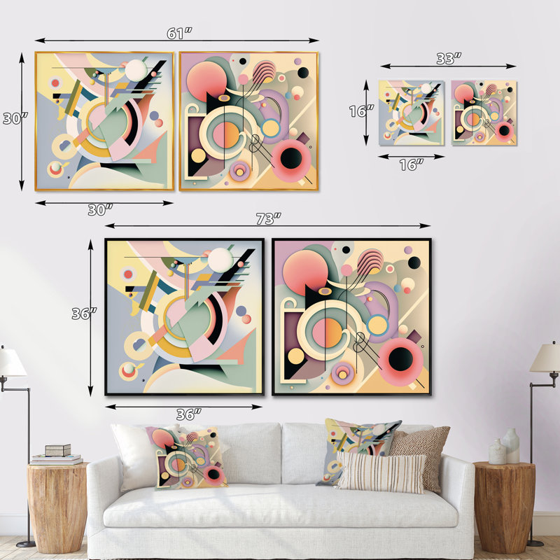 Pastel Art déco - Ensemble de 2 collages carrés à formes abstraites, Cadre flottant noir, H 16 po x l 33 po