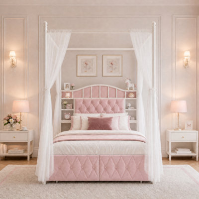 Lit à baldaquin rembourré en velours rose avec lumière DEL et port USB, cadre de lit plateforme avec tête de lit et tiroirs de rangement