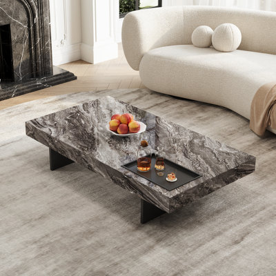51.19'' Modern Rectangular Coffee Table With Glossy Marble Top, 1 Stainless Steel Hardware Rock Plate Tray And Sturdy Sled Leg Supports