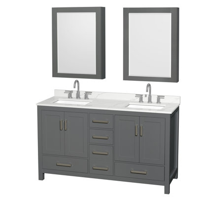 Meuble-lavabo double 60 po avec comptoir en quartz et armoires à pharmacie Sheffield