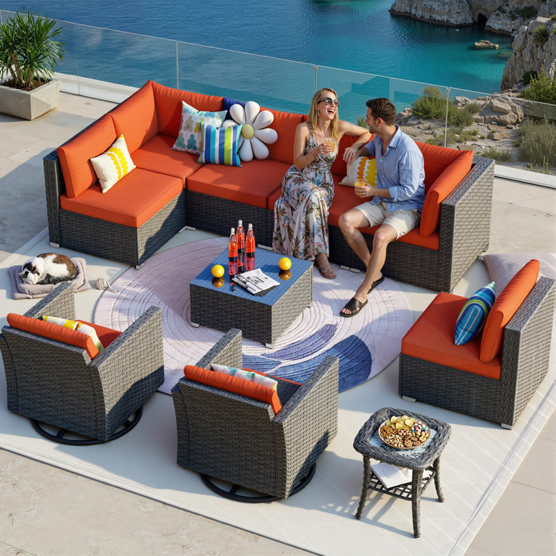 8 - Person Patio Conversation Set with Cushions, No, Orange