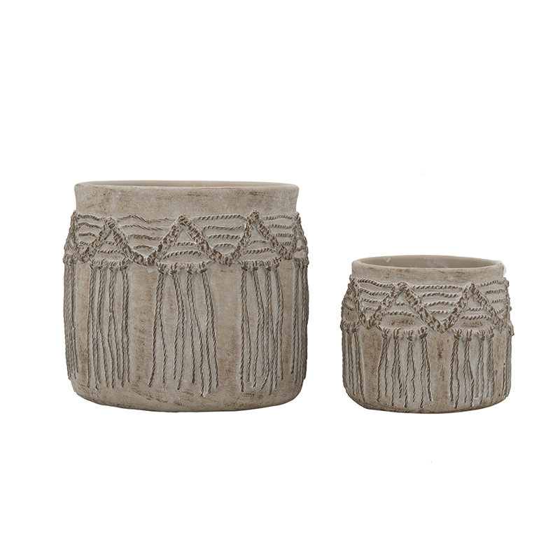 S/2 Cream Sand And Cement Planters With Geometric Design L:7.7X7.7X6.7" S:5.3X5.3X4.3"