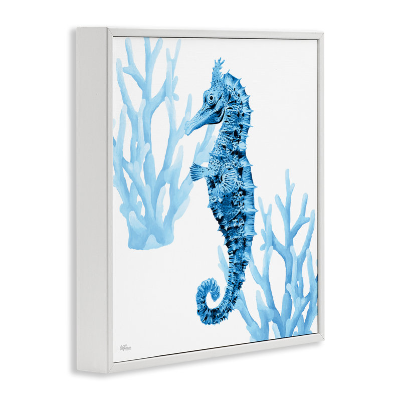 «Blue Tone Seahorse & Coral», dessin de Cat Thurman Designs, H 17 po x l 17 po, Estampe numérique encadrée blanc bord de mer