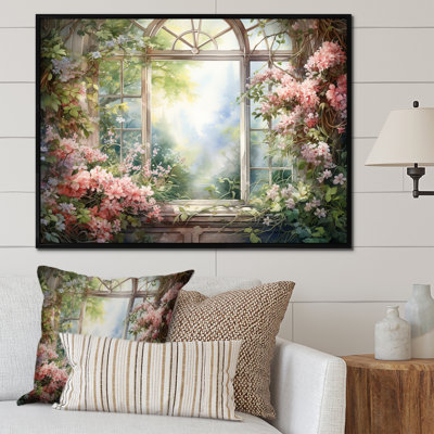 «Pink Blossoming Country Window Gaze II», reproduction d'art sur toile encadrée
