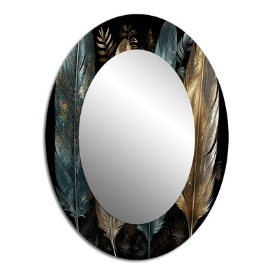 Gold Gilded Feathers I - Gold Glam Oval Wall Mirror