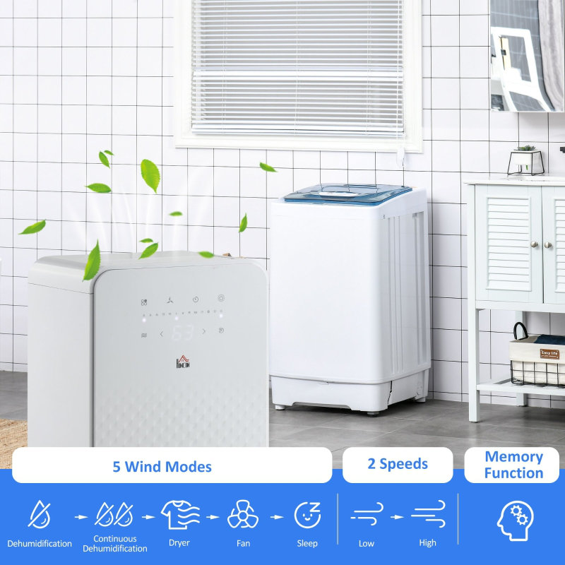 2000mL White Plastic Portable Dehumidifier,10L/Day Air Purifier 5 Modes 24H Timer Quiet Use for Home Laundry Room