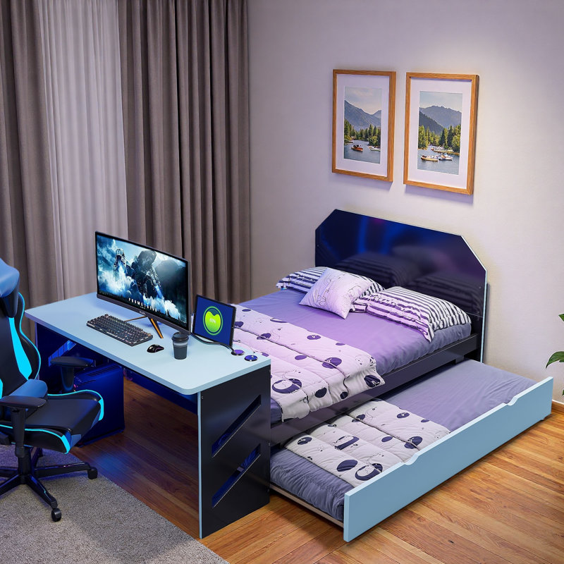 Wood Daybed With Trundle, Desk And Usb Port, Blue