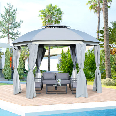 12' X Patio Gazebo With Double Roof, Netting Sidewalls, Curtains, Strong Steel Frame In Grey - For Backyard Leisure Great For Picnics