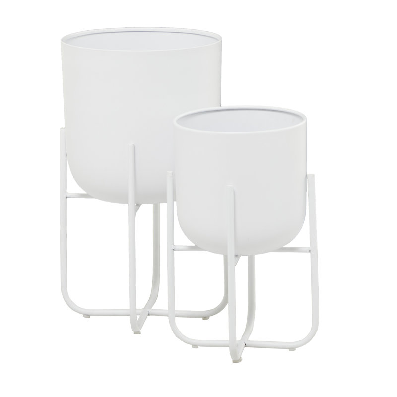Ensemble de 2 pots d'intérieur et d'extérieur en métal avec support amovible, Blanc, H 16,75 po x l 9,15 po x P 9,30 po