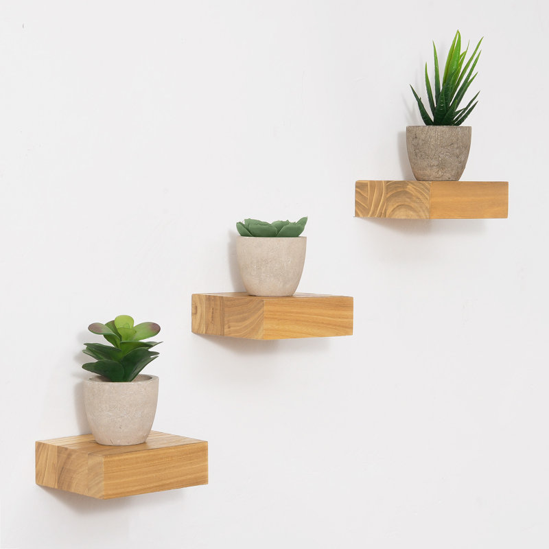 Sylven 3 Piece Rustic Reclaimed Elm Wood Floating Wall Shelves, 1.38" H x 4" W x 4" D, Natural