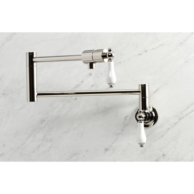 Kingston Brass Duchess Two-Handle 1-Hole Wall Mount Pot Filler Faucet, Polished Nickel/White
