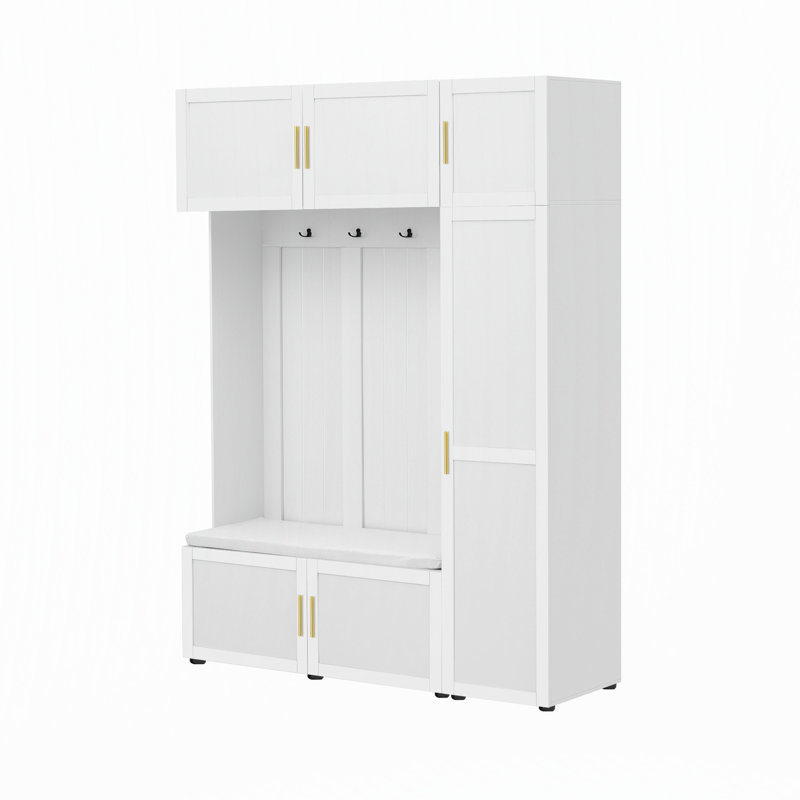 Arbre d'entrée 4 en 1 de style américain avec banc rembourré et tablettes, Blanc ancien