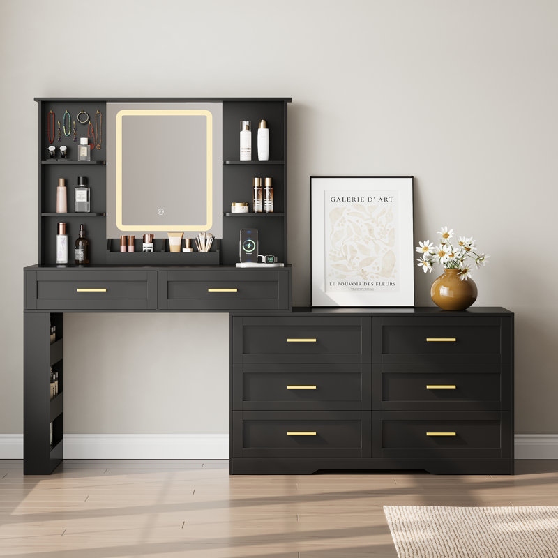 81" W Large Makeup Vanity with Adjustable LED Lighting and Charge Station, Black
