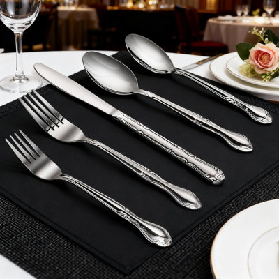 Ensemble de couverts 60 pièces en acier inoxydable avec motif de roses élégant, finition professionnelle pour les repas de tous les jours