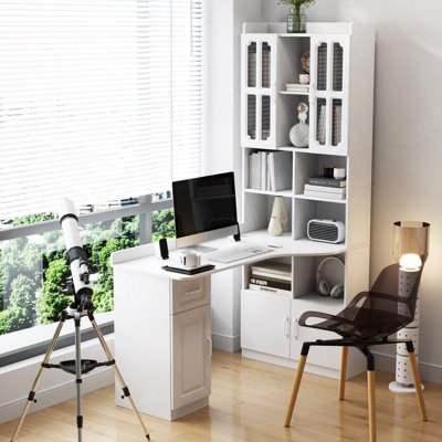 Bureau d'ordinateur d'angle en L pour bureau à domicile ou bureau d'étude, table d'étude de style moderne avec tiroirs, bibliothèque et huche, conception en L 2 en 1, grand espace de travail