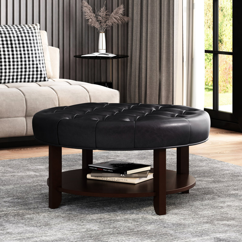 Élégante ronde en noir, avec similicuir et tablette ouverte pour la décoration, 31,9 po x 16,91, Noir