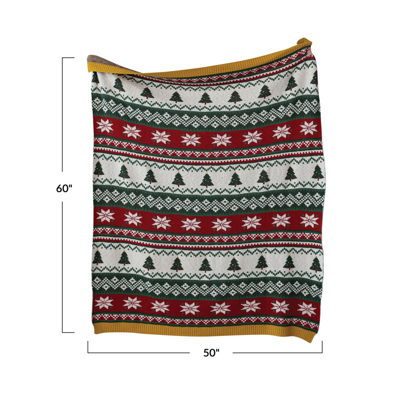 Heirloom Cotton Knit Throw with Festive Trees and Stripes