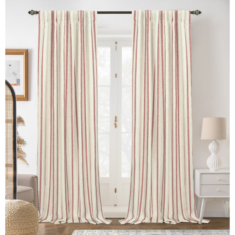 Paire de rideaux occultant, Rayure rouge / languette en lin clair, L 52 po x L 96 po