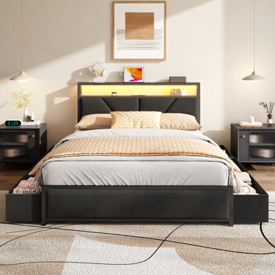 Queen Bed Frame with 6 Underbed Drawers and Open Storage Headboard, Upholstered Platform Bed with Adjustable LED Light and Charging Station, No Box Spring Needed