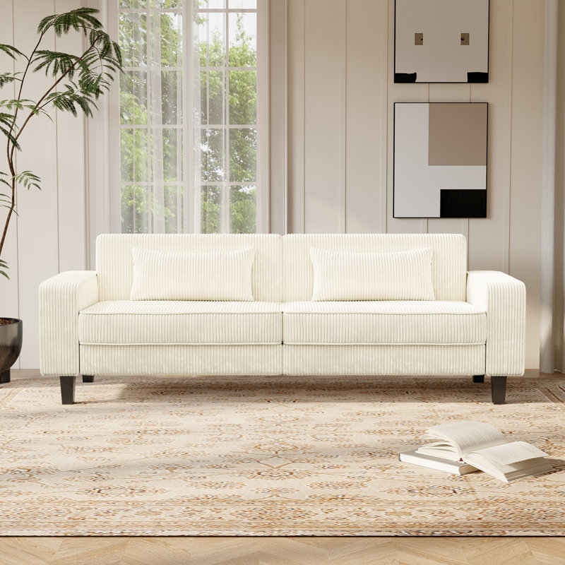 85.63" Corduroy Square Arm Sofa, 3-Seater Sofa Couch With Lumbar Pillows, Beige