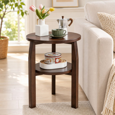 Mirlen Solid Wood Round End Table with 2 Tier Shelf