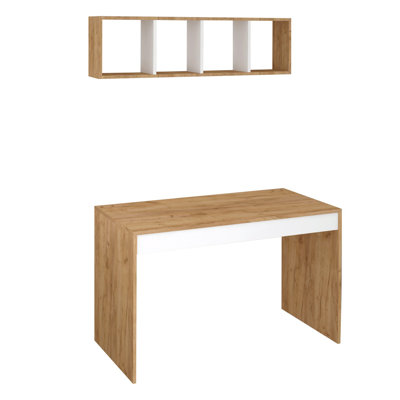 Modern Study Desk & Wall Shelf Set, Oak Finish, 47.2 x 29.1 x 23.6 inches | 100% Melamine Coated Particle Board, Thickness: 0.7 inches | Scandinavian Design, Wall-Mountable, Perfect for Home Office & Study Spaces