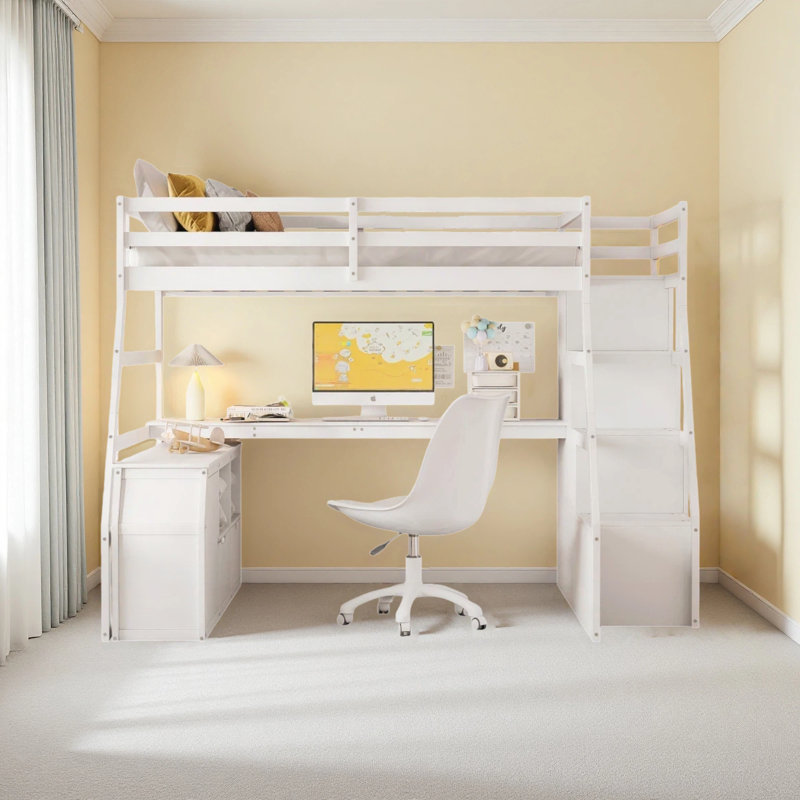 Lit mezzanine double avec 7 tiroirs, 2 tablettes et un bureau, Blanc