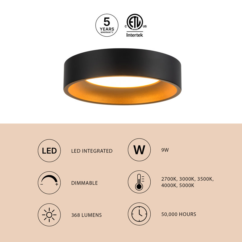 Nix 5-in Black dimmable LED Flush Mount, Matte Black/Gold