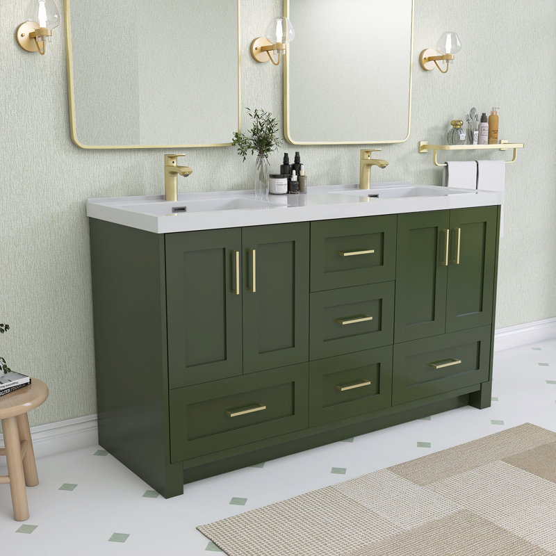 Meuble-lavabo autoportant 60 po avec lavabo double 60 po, Vert, Or