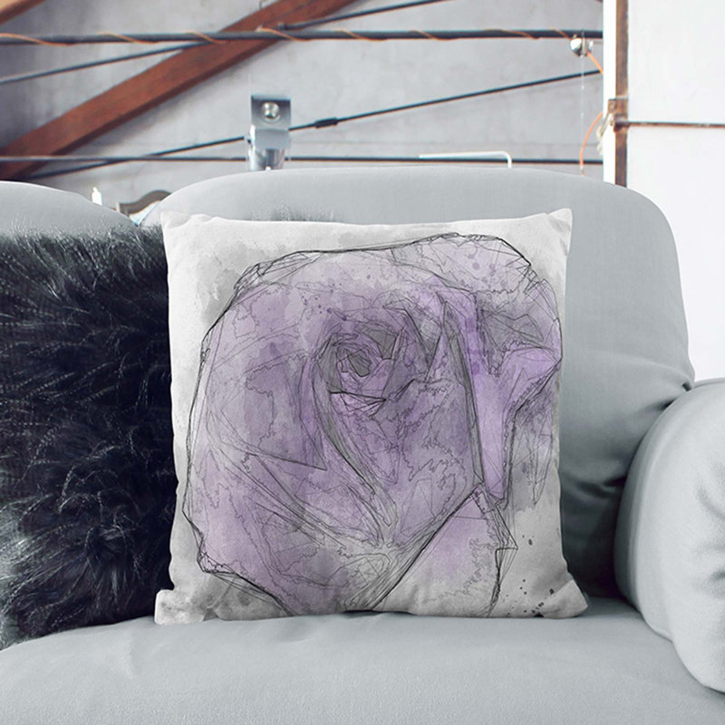 Lone Purple Rose Cushion with Filling, Stone, 40cm H x 40cm W x 15cm D