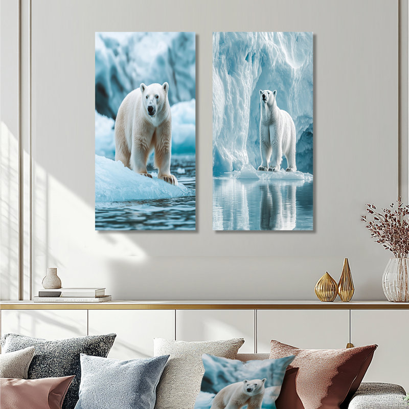 Ours polaire au bord de l'iceberg I - ensemble de 2 décorations murales en métal surdimensionné de la faune, 32" H x 32" W