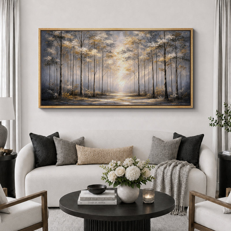 Impression sur toile encadrée, "Golden Light Forest Path Landscape", très grandes photos, H 30 po x l 60 po x P 1,5 po