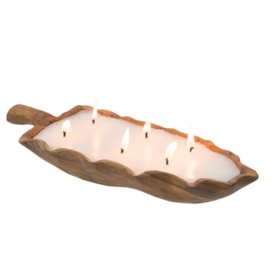 Minc Soy Wax Candle with 6 Wick, 16 Inch Leaf Shaped Brown Teak Wood