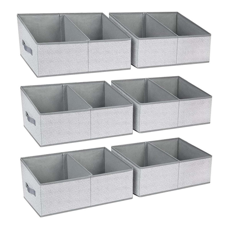 6 Pack Large Closet Shelf Organizer Bins – Foldable Fabric Trapezoid Storage Baskets, Grey, Handles And Divider, For Clothes, Towels, Books, Toys, Purses, Hats