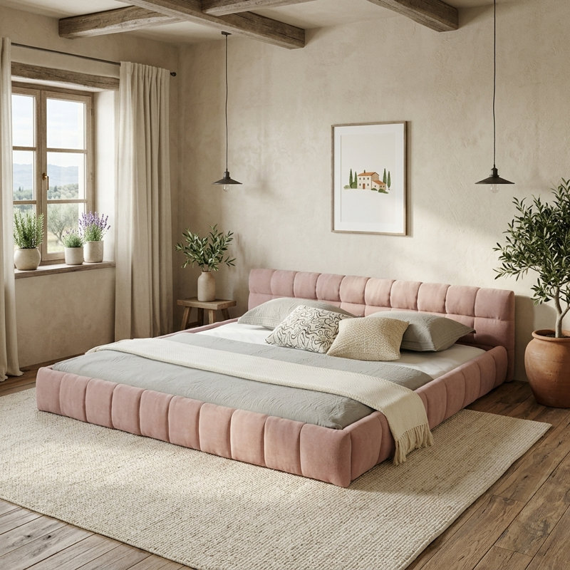Base de lit basse moderne avec tête de lit et structure solide, aucun sommier tapissier requis, California King Size, Pink