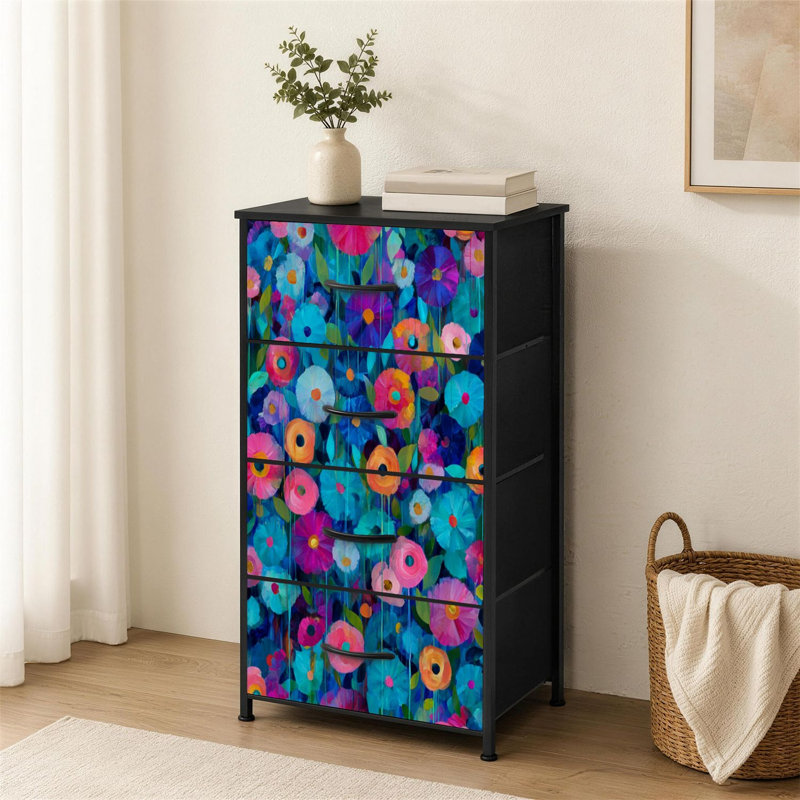 Commode à 4 tiroirs pour chambre à coucher Esthétique florale colorée Mignonne fleur rose orange bleu sarcelle Petite commode à vêtements pour commode avec commode